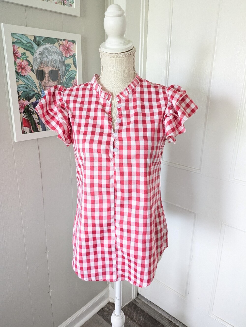 Womens Red Gingham Ruffle Flutter Sleeve Blouse Top Size S Check Summer July 4